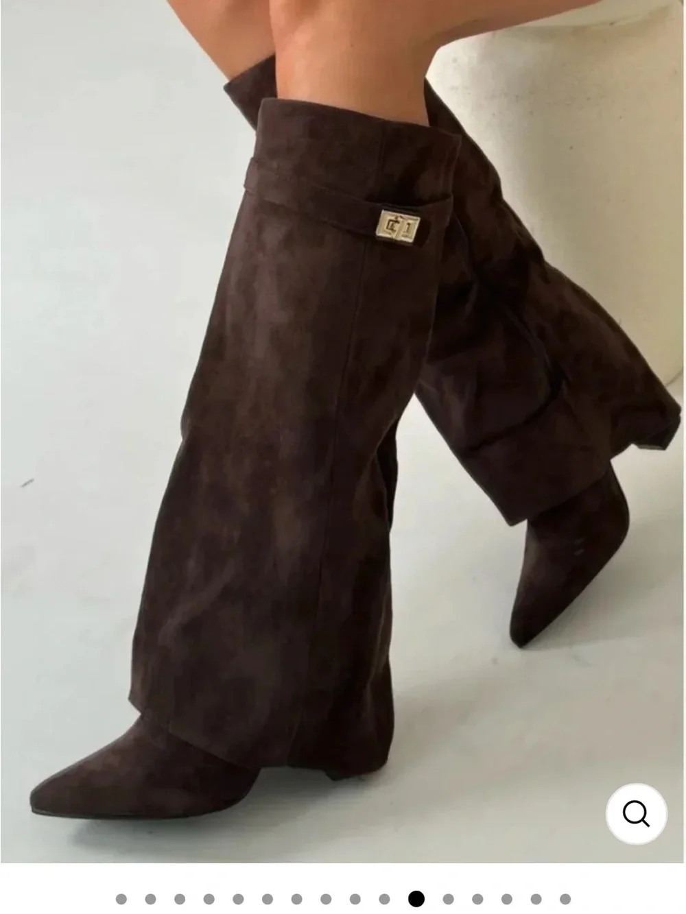 Tracy Over-the-Knee Suede Boots in Dark Brown with Gold Buckle Detail